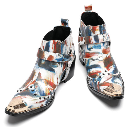 Mens Metallic Detail Snakeskin Abstract Print Ankle Western Boots