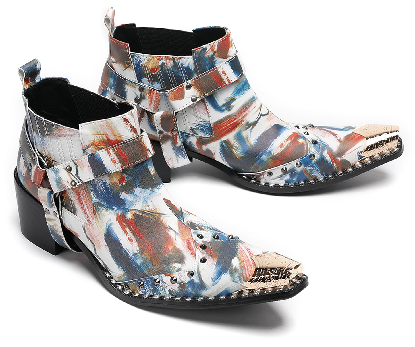 Mens Metallic Detail Snakeskin Abstract Print Ankle Western Boots