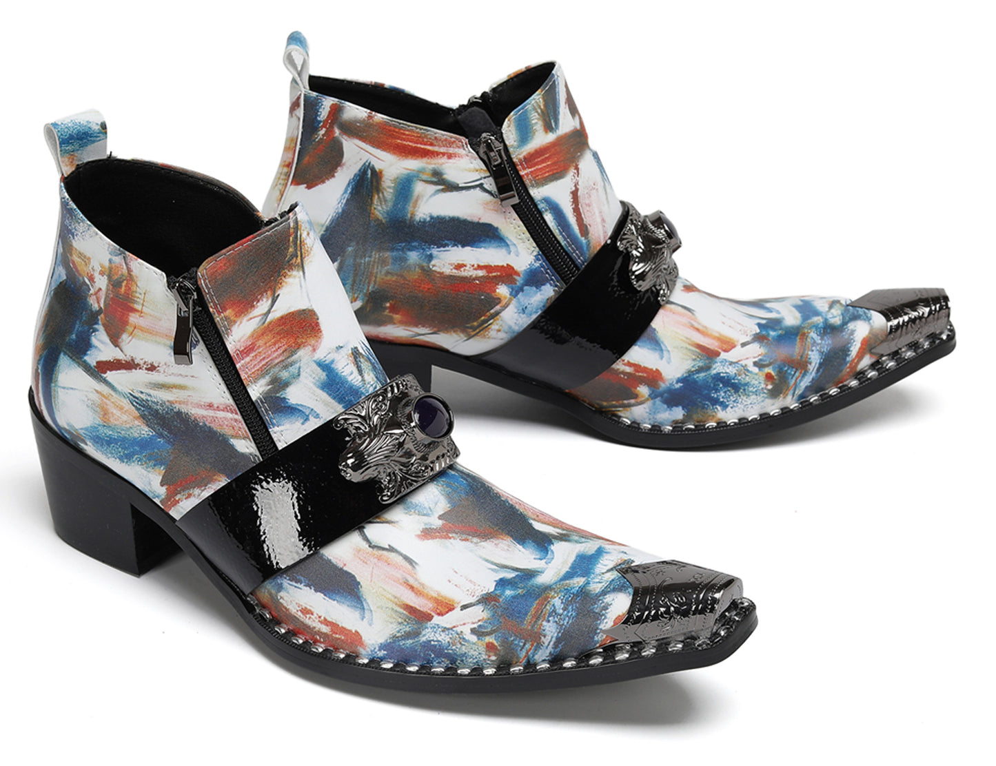 Mens Black Gemstone Chain Double Zipper Western Boots
