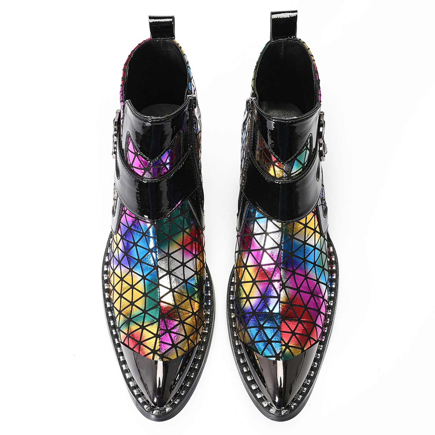 Mens Colorful Geometric Leather Buckle Zip Ankle Western Boots