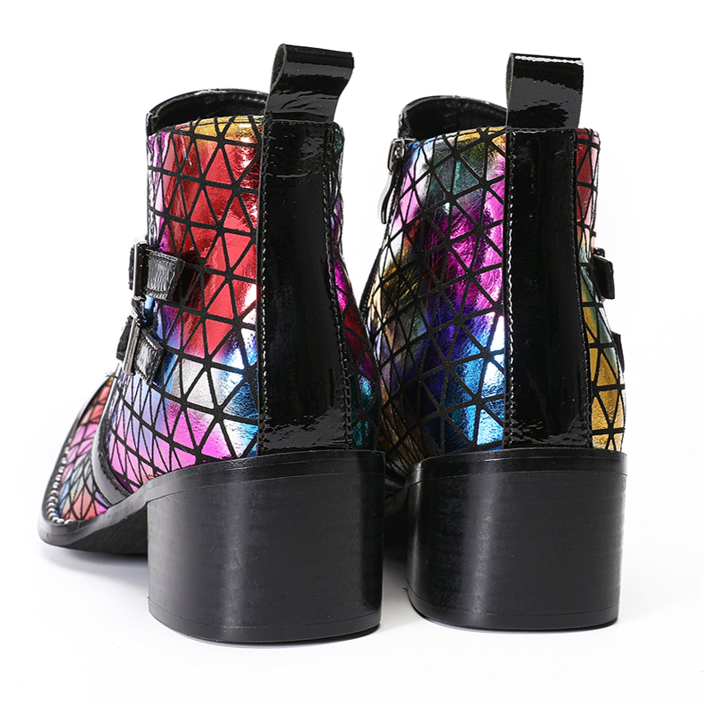 Mens Colorful Geometric Leather Buckle Zip Ankle Western Boots