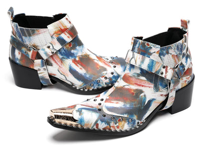 Mens Metallic Detail Snakeskin Abstract Print Ankle Western Boots