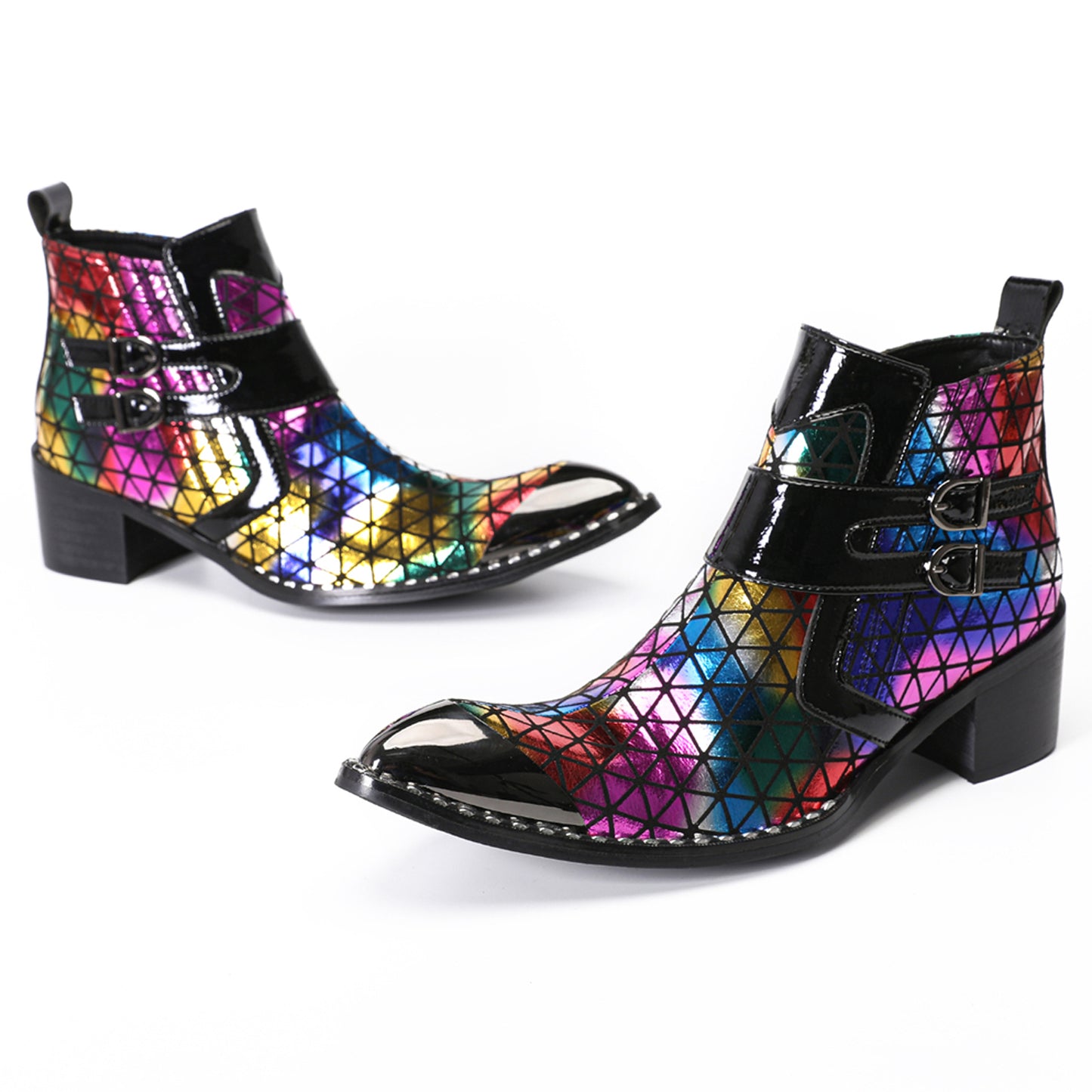 Mens Colorful Geometric Leather Buckle Zip Ankle Western Boots