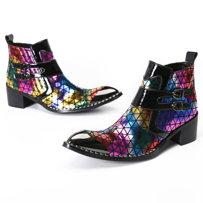 Mens Colorful Geometric Leather Buckle Zip Ankle Western Boots