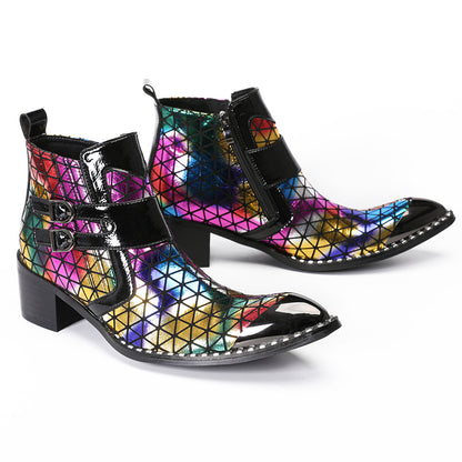 Mens Colorful Geometric Leather Buckle Zip Ankle Western Boots