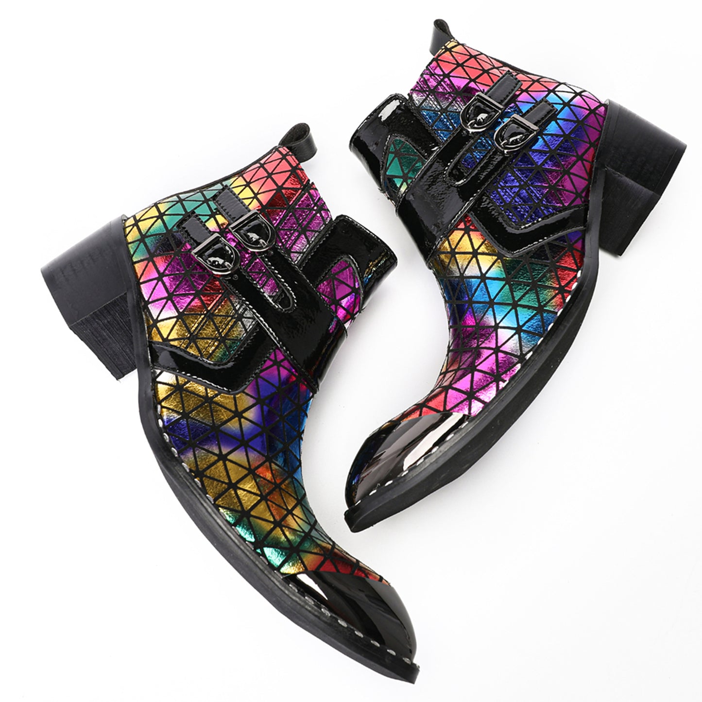 Mens Colorful Geometric Leather Buckle Zip Ankle Western Boots