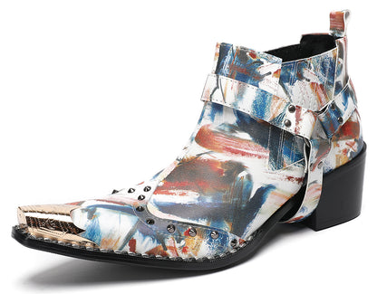 Mens Metallic Detail Snakeskin Abstract Print Ankle Western Boots