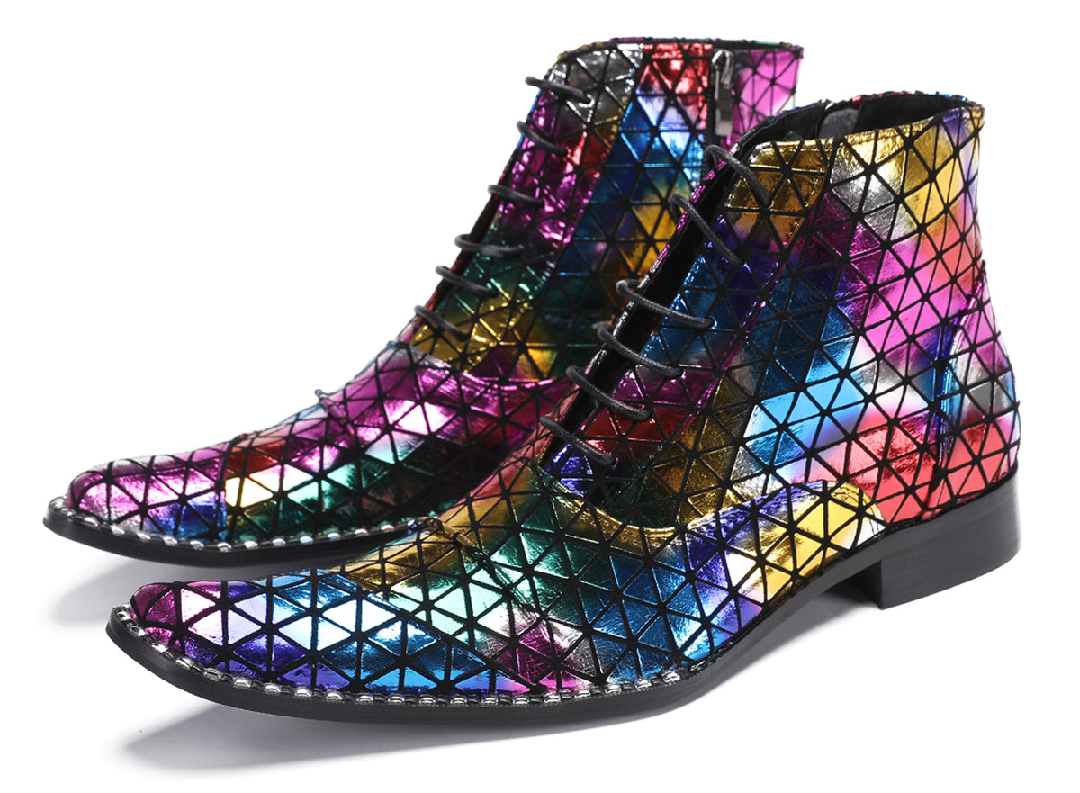 Mens Genuine Leather Colorful Plaid Gold Cowboy Western Boots
