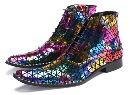Mens Genuine Leather Colorful Plaid Gold Cowboy Western Boots