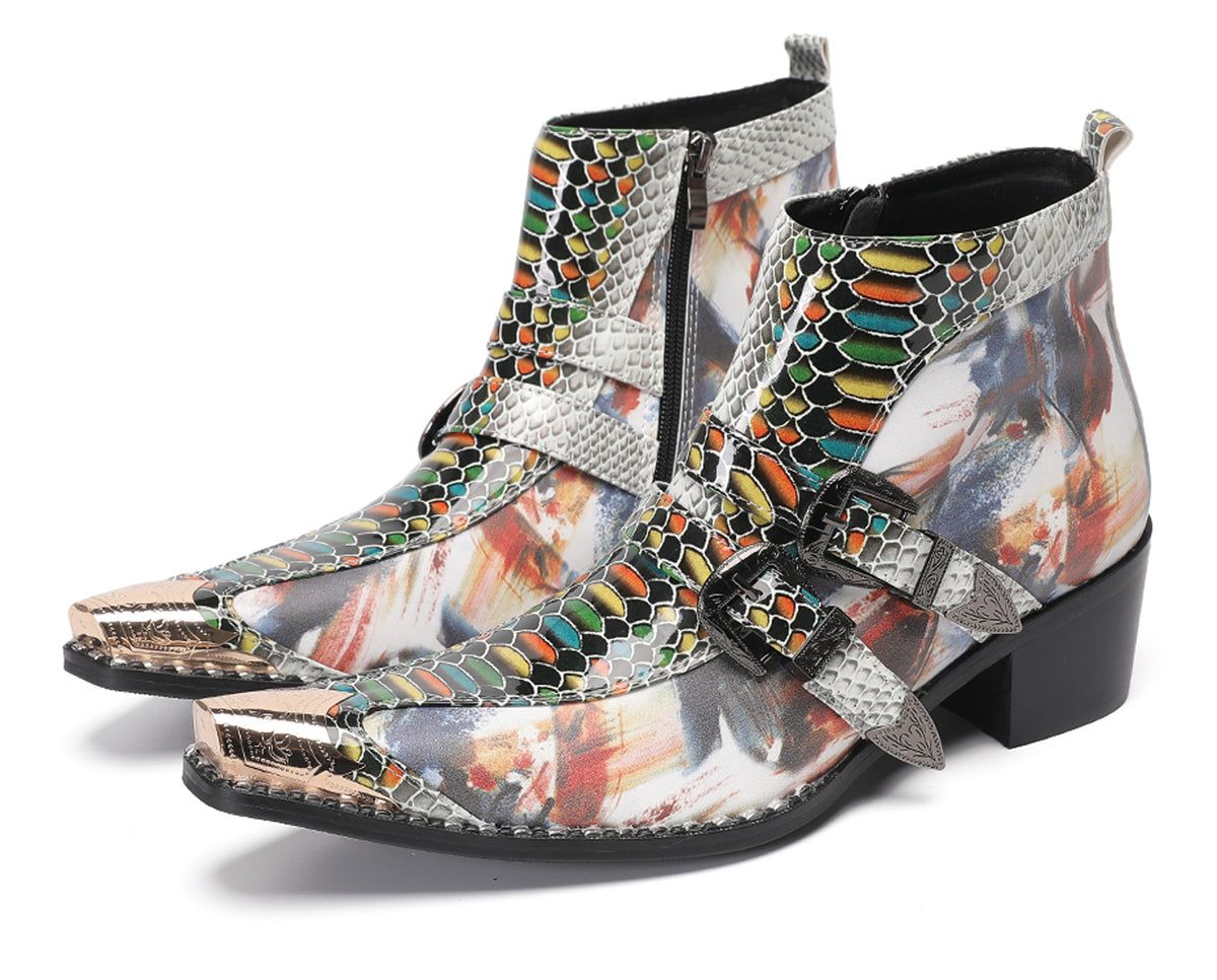 Mens Metal Toe Tip Double-Buckle Harness Ankle Western Boots