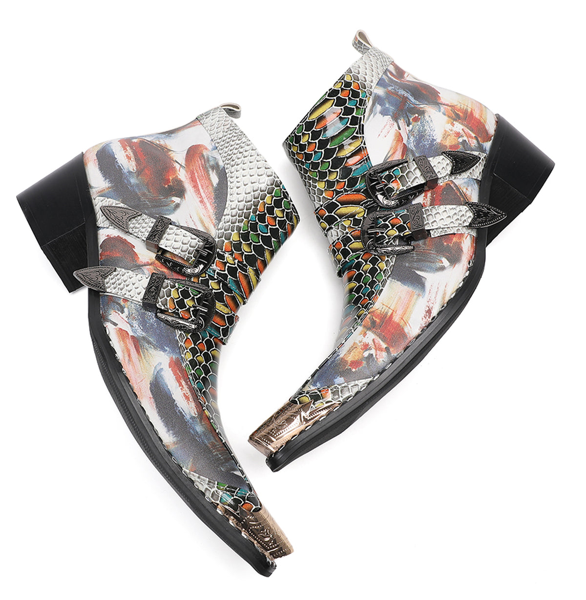 Mens Metal Toe Tip Double-Buckle Harness Ankle Western Boots