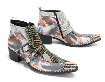Mens Metal Toe Tip Double-Buckle Harness Ankle Western Boots