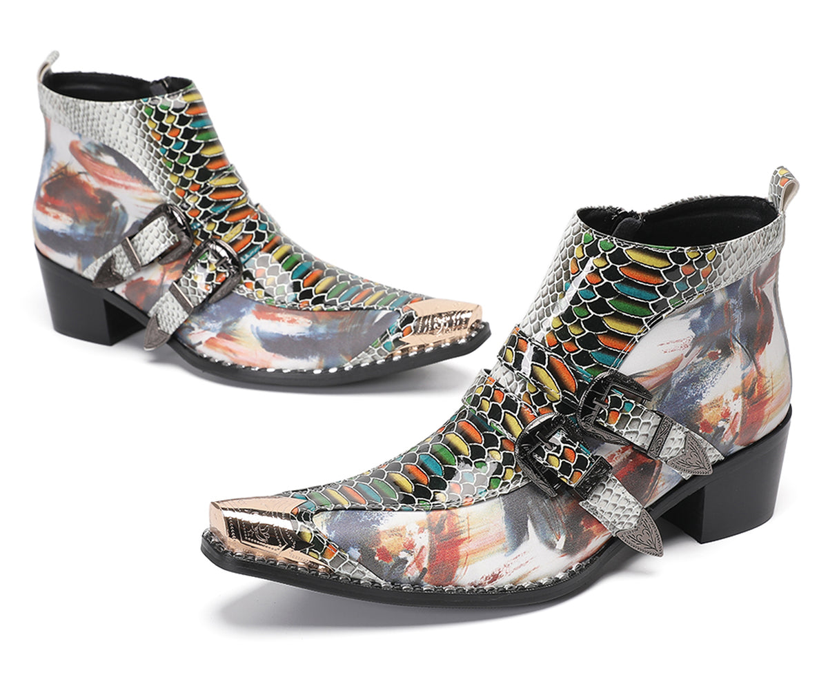 Mens Metal Toe Tip Double-Buckle Harness Ankle Western Boots