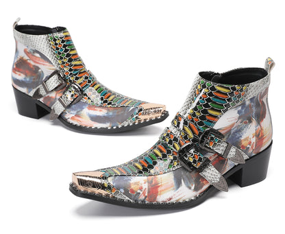 Mens Metal Toe Tip Double-Buckle Harness Ankle Western Boots