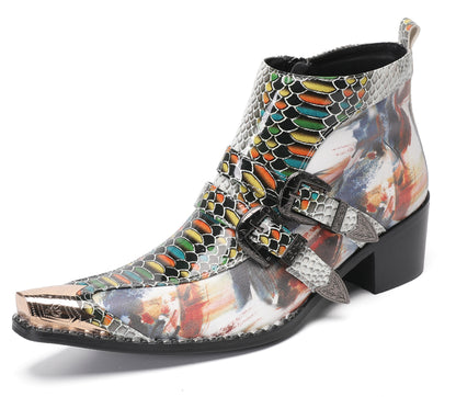 Mens Metal Toe Tip Double-Buckle Harness Ankle Western Boots