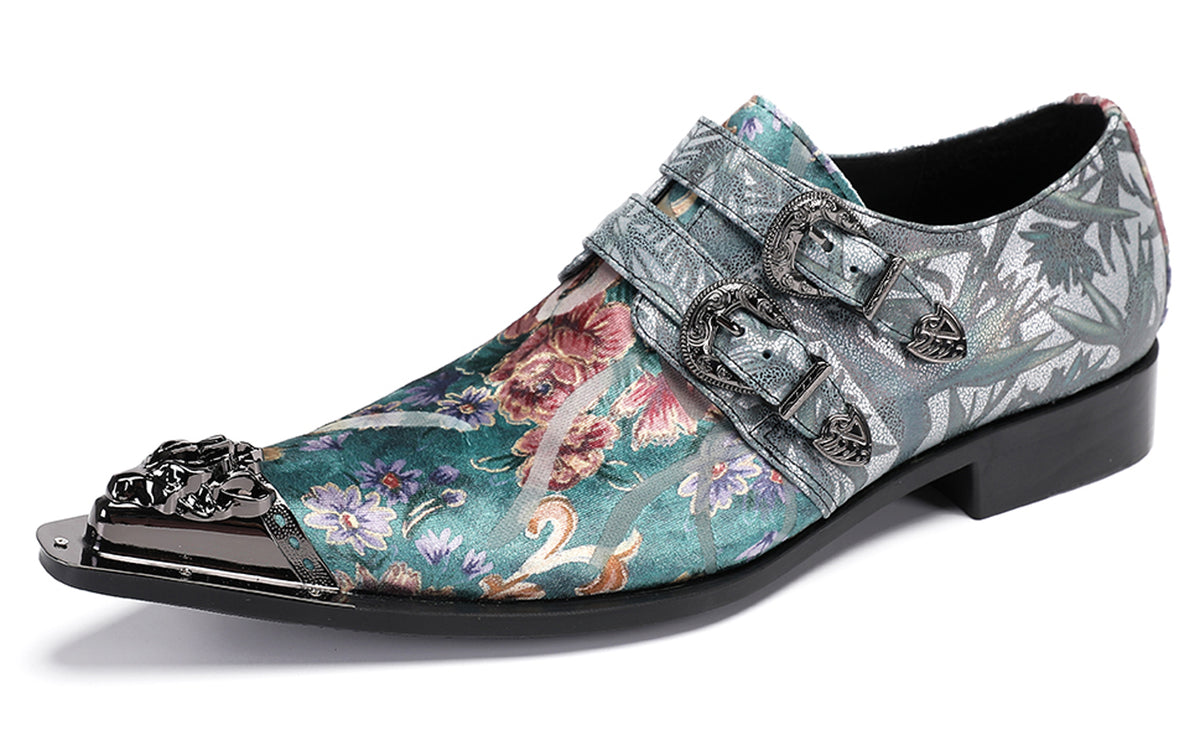 Mens Party Casual Double Buckle Floral Western Loafers