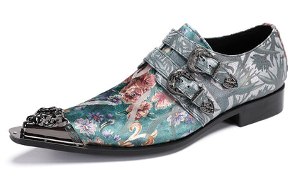 Mens Party Casual Double Buckle Floral Western Loafers