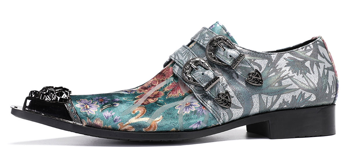 Mens Party Casual Double Buckle Floral Western Loafers
