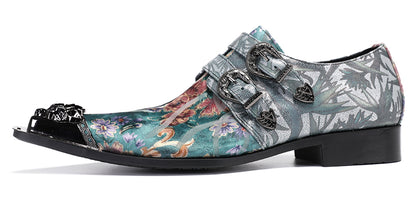 Mens Party Casual Double Buckle Floral Western Loafers