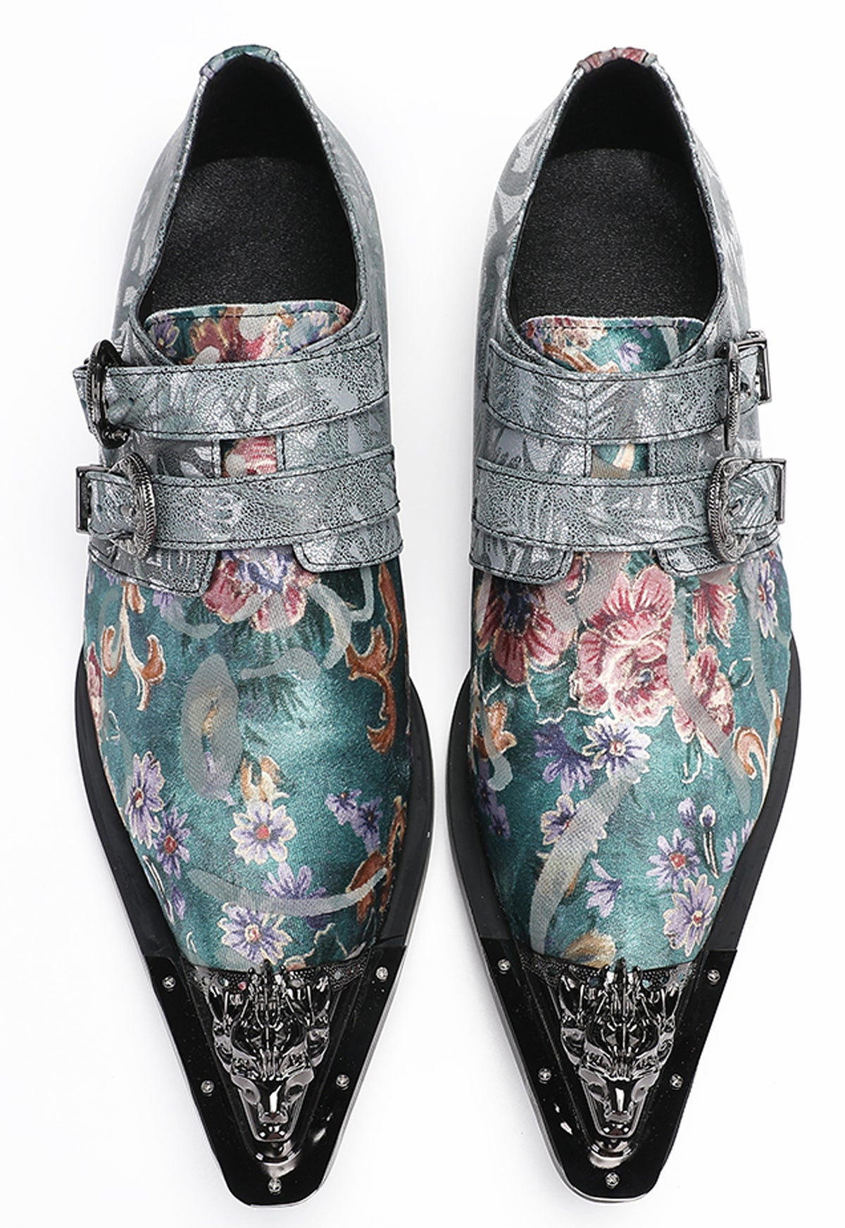 Mens Party Casual Double Buckle Floral Western Loafers