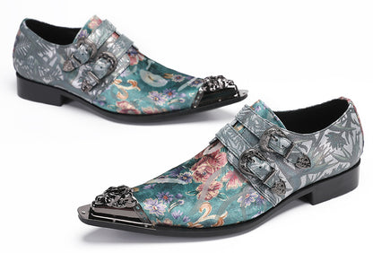Mens Party Casual Double Buckle Floral Western Loafers