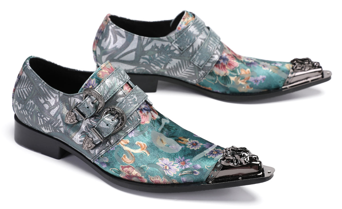 Mens Party Casual Double Buckle Floral Western Loafers