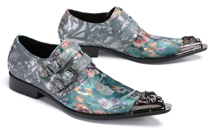 Mens Party Casual Double Buckle Floral Western Loafers