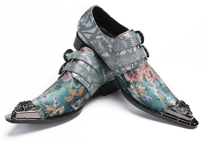 Mens Party Casual Double Buckle Floral Western Loafers