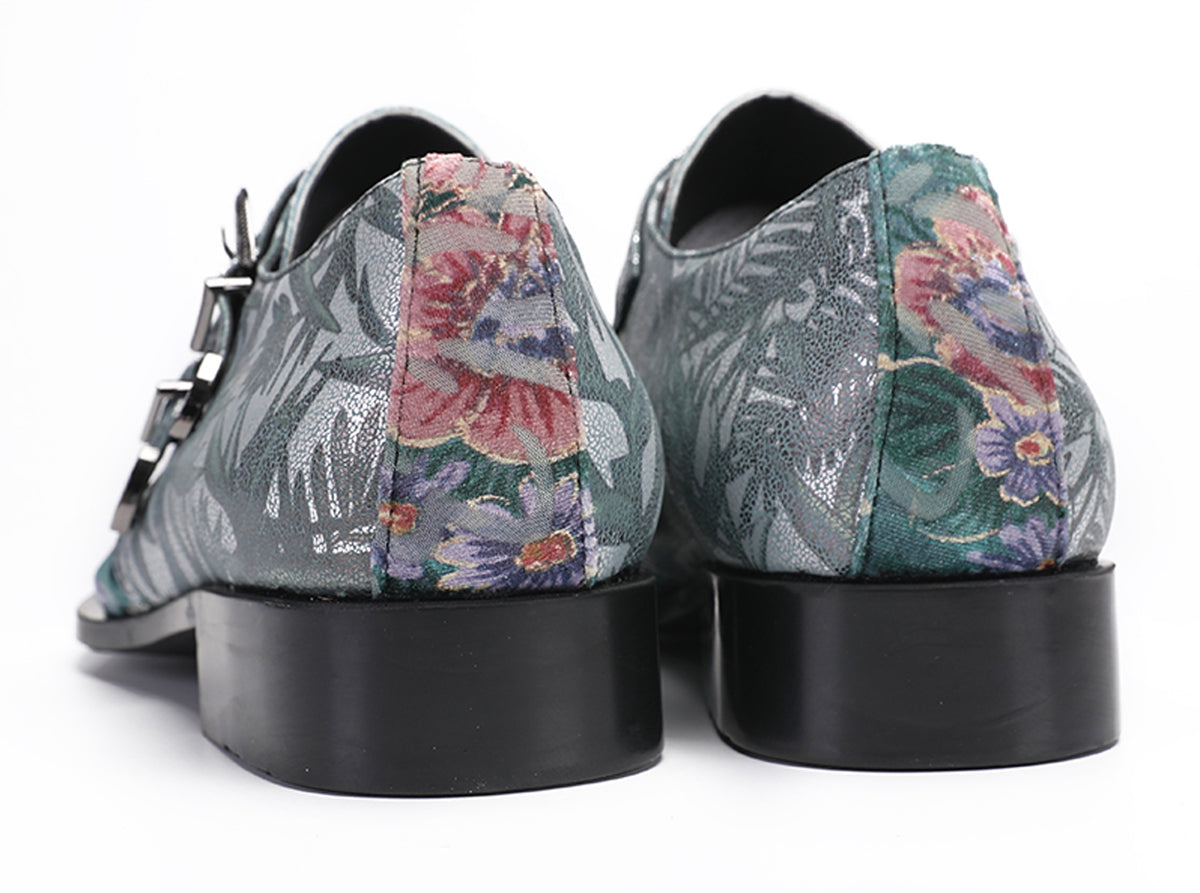 Mens Party Casual Double Buckle Floral Western Loafers