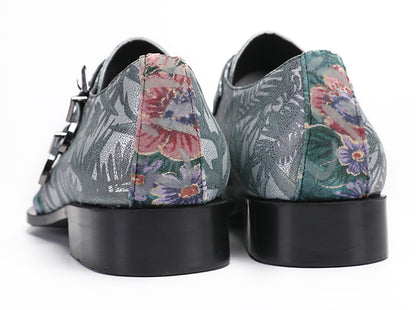Mens Party Casual Double Buckle Floral Western Loafers