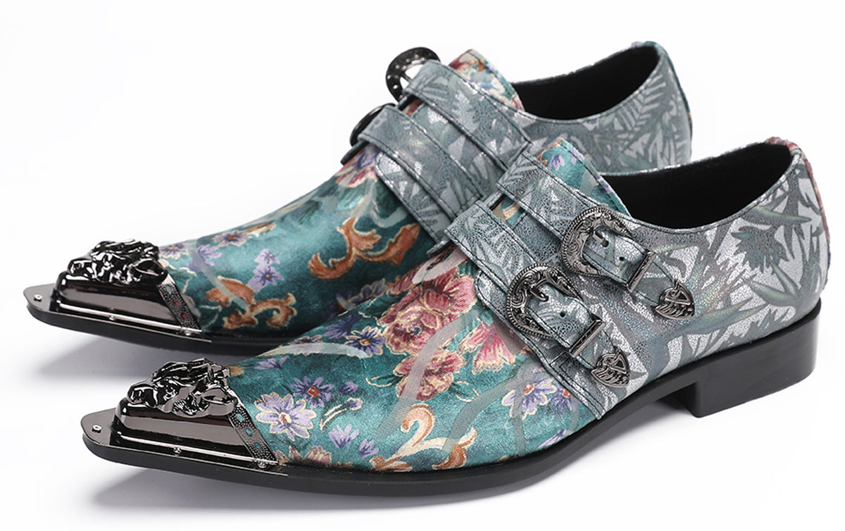 Mens Party Casual Double Buckle Floral Western Loafers