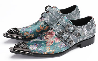 Mens Party Casual Double Buckle Floral Western Loafers
