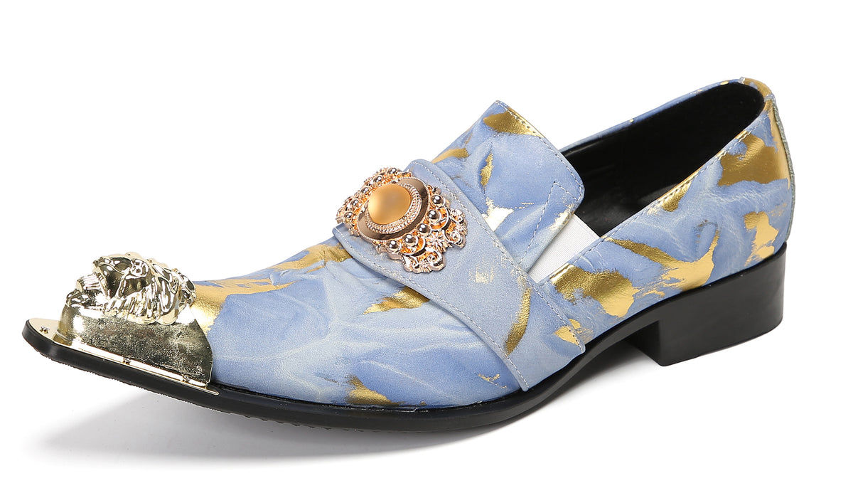 Mens Genuine Leather Metal-Tip Toe Gold Gemstone Western Loafers