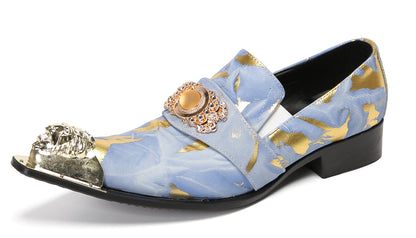Mens Genuine Leather Metal-Tip Toe Gold Gemstone Western Loafers