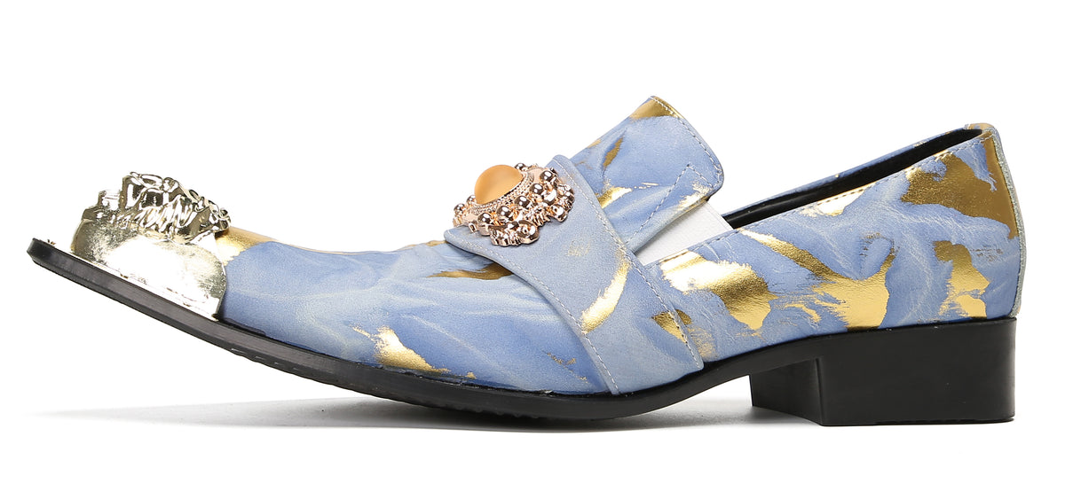 Mens Genuine Leather Metal-Tip Toe Gold Gemstone Western Loafers