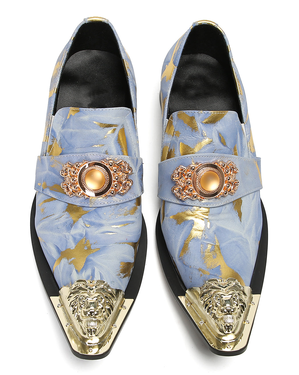 Mens Genuine Leather Metal-Tip Toe Gold Gemstone Western Loafers
