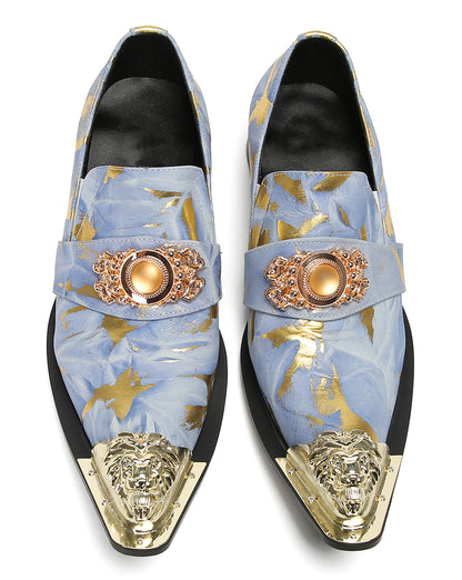 Mens Genuine Leather Metal-Tip Toe Gold Gemstone Western Loafers