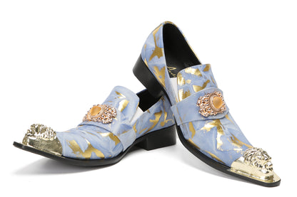 Mens Genuine Leather Metal-Tip Toe Gold Gemstone Western Loafers