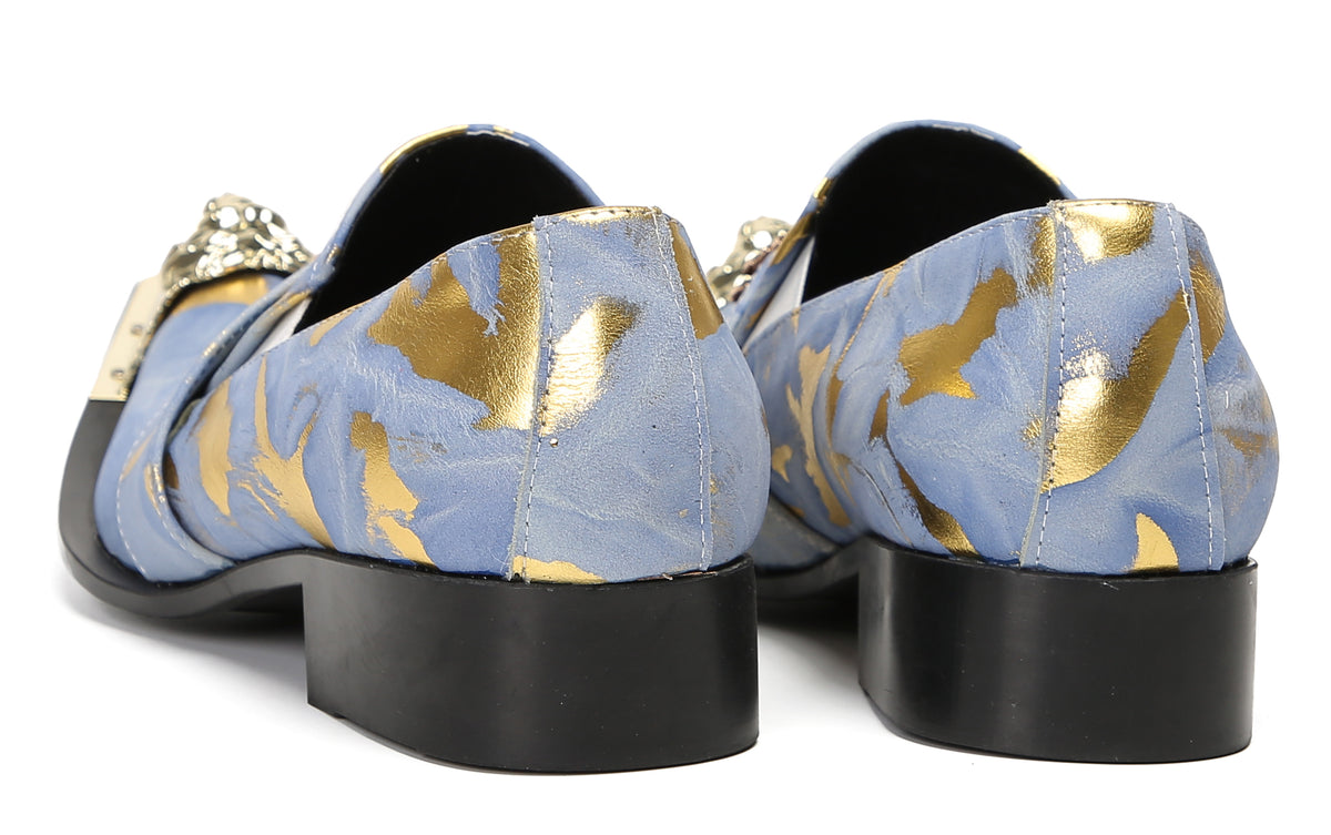 Mens Genuine Leather Metal-Tip Toe Gold Gemstone Western Loafers