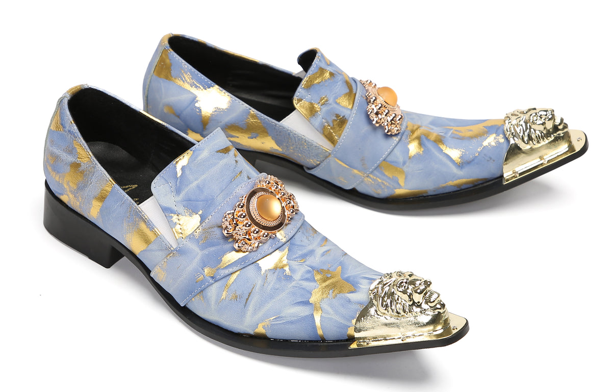 Mens Genuine Leather Metal-Tip Toe Gold Gemstone Western Loafers