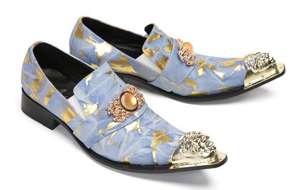 Mens Genuine Leather Metal-Tip Toe Gold Gemstone Western Loafers