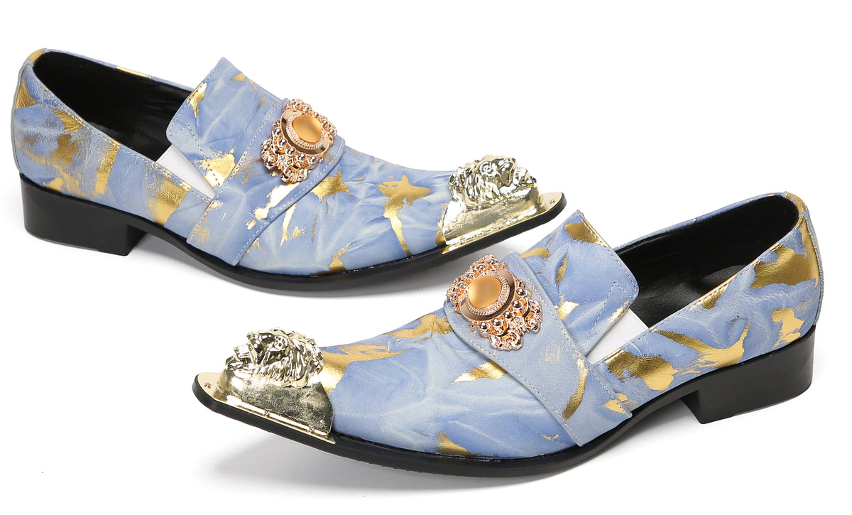 Mens Genuine Leather Metal-Tip Toe Gold Gemstone Western Loafers