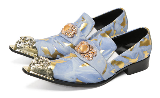 Mens Genuine Leather Metal-Tip Toe Gold Gemstone Western Loafers