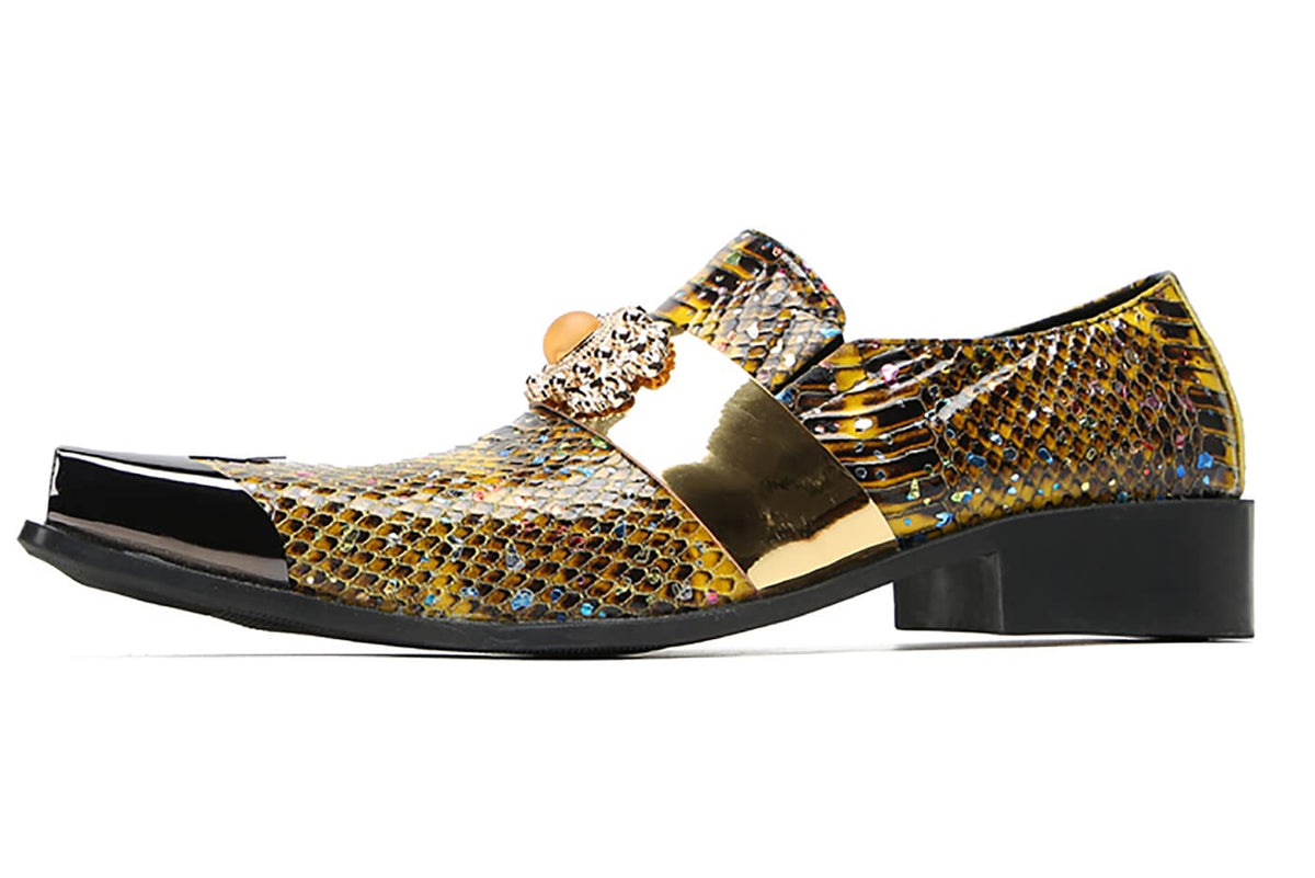 Mens Genunie Leather Slip On Yellow Gemstone Metal-Square Toe Western Loafers