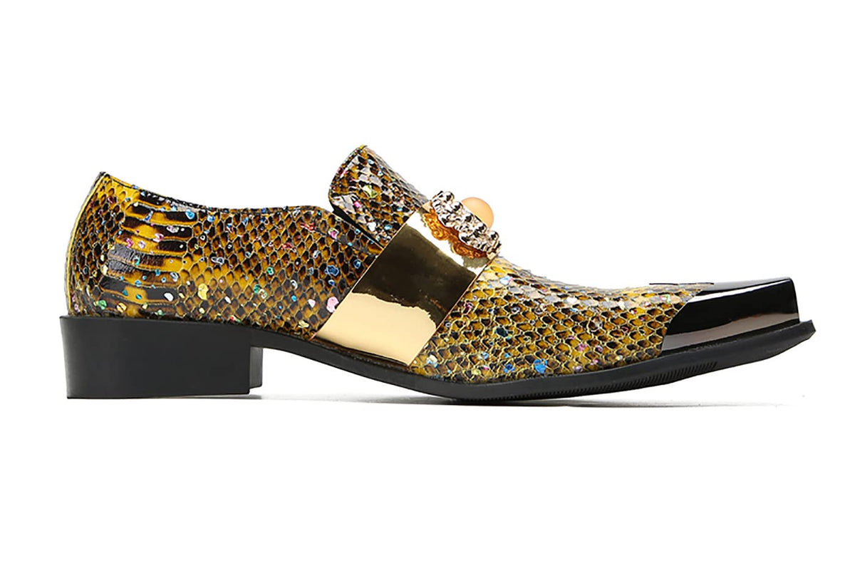 Mens Genunie Leather Slip On Yellow Gemstone Metal-Square Toe Western Loafers