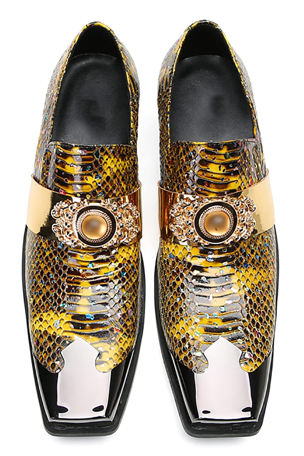Mens Genunie Leather Slip On Yellow Gemstone Metal-Square Toe Western Loafers