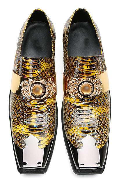 Mens Genunie Leather Slip On Yellow Gemstone Metal-Square Toe Western Loafers