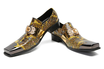 Mens Genunie Leather Slip On Yellow Gemstone Metal-Square Toe Western Loafers