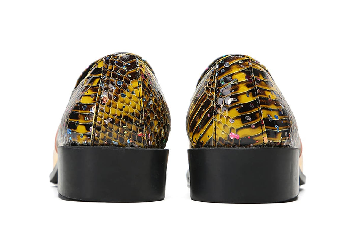 Mens Genunie Leather Slip On Yellow Gemstone Metal-Square Toe Western Loafers