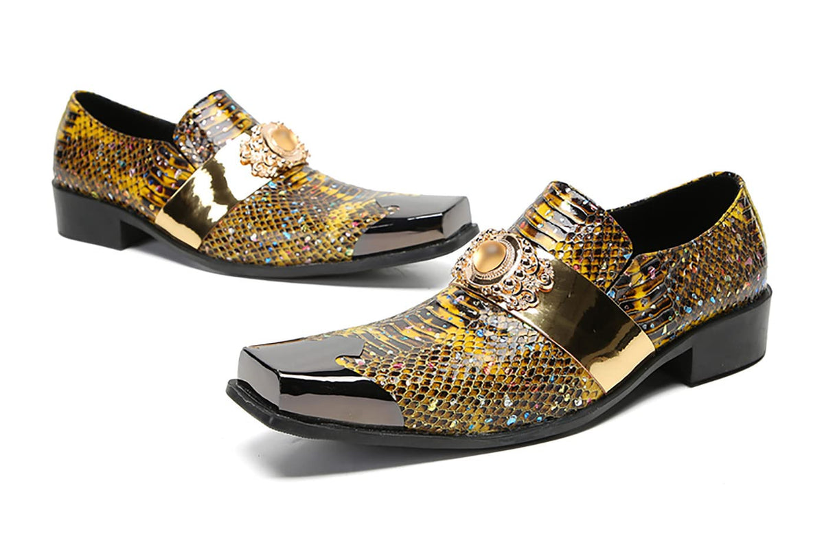 Mens Genunie Leather Slip On Yellow Gemstone Metal-Square Toe Western Loafers